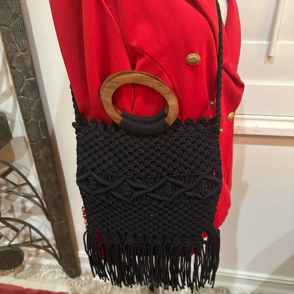 Danielle Nicole Black Macrame Fringed Handbag - image 1
